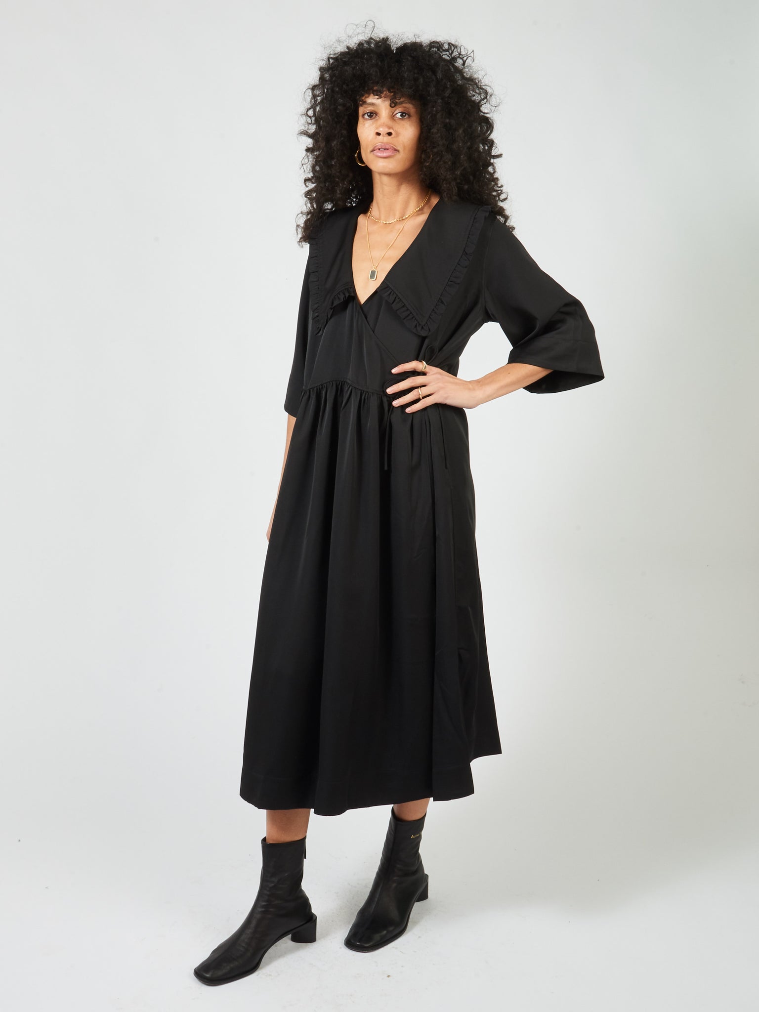 Ganni - Black Ruffle Collar Wrap Dress ...